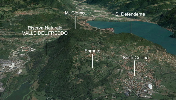 Mappa panoramica della zona con Monte Clemo, Riserva Naturale del Freddo, S. Defendente, Esmate e Solto Collina